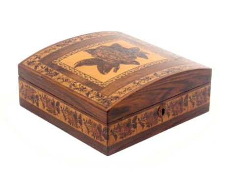 A Tunbridge ware rosewood box, of near square form, the sides with a band of sectioned floral mosaic, the front with stick wa