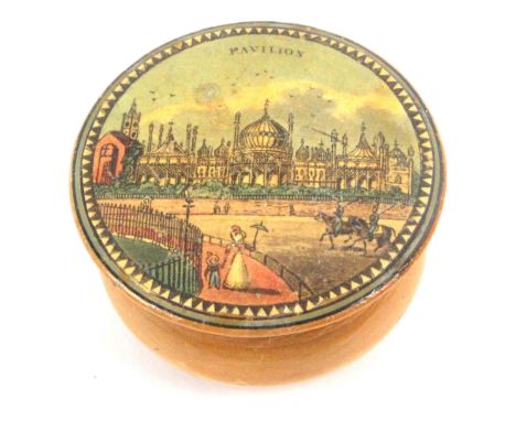 An early Tunbridge ware white wood and print decorated circular box, of bulbous form, the domed lid with a colour print title