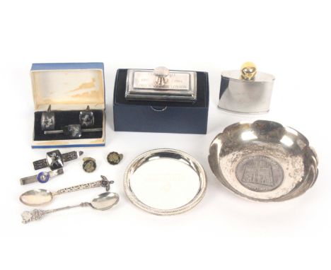 A silver bowl and other pieces, comprising a silver bowl, the base inset with medallion 'Lincoln Cathedral 1072-1972 / Built 