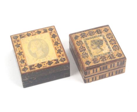 Two Tunbridge ware stamp boxes, comprising a rosewood rectangular example, the lid with applied 'Stamp' 'Receipt Stamps' with