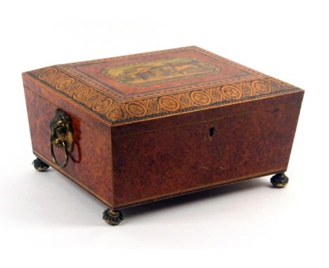 A fine early Tunbridge ware print and pen decorated burr yew wood sewing box by George Wise, of sarcophagol form raised on le