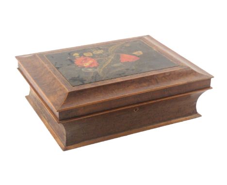 A large Spa work burr maple sewing box, circa 1830, of rectangular form with concave sides, the lid painted with a panel of f