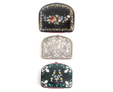 Three small 19th Century purses, comprising a papier mache example, one side inlaid in mother of pearl and painted with flowe