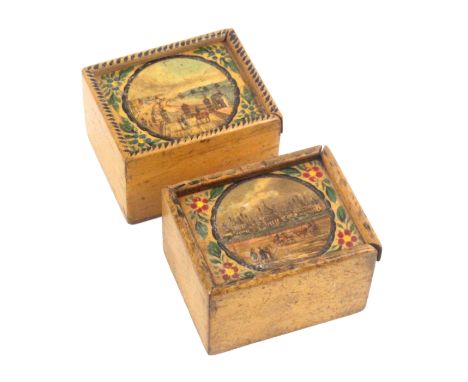 Two early Tunbridge ware white wood print and paint decorated small rectangular box, each with sliding lid, one with a colour