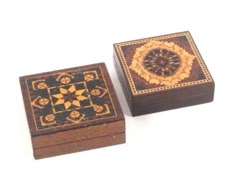 Two Tunbridge ware Euclid puzzle boxes, comprising a rosewood example with geometric mosaic top, complete with puzzle, 4.8cms