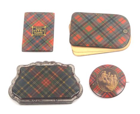 Tartan ware - four pieces, comprising a scarce domed brooch with sculpture print within gilt wavy border (Clan Stuart - on ba