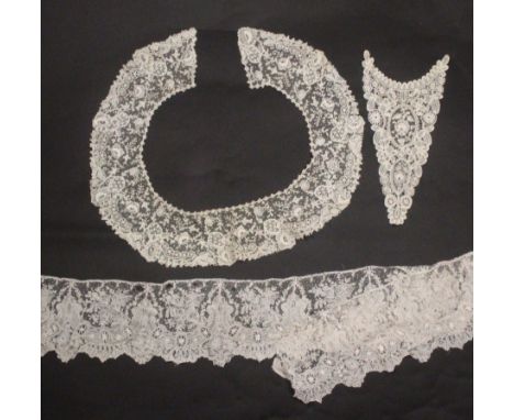 Three pieces of lace, comprising a mixed Brussels front dress panel, 38cms, a Point de Gaze needle lace Bertha, and a similar