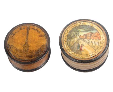 Two very rare early Tunbridge ware print decorated disc form waxers, comprising an example with titled colour print 'Parade' 