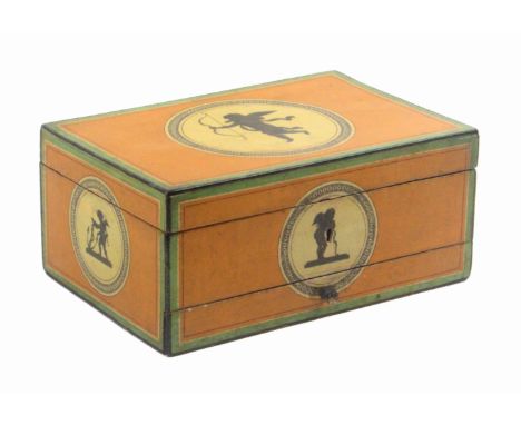 A continental painted sewing box, probably Spa work, circa 1820, of rectangular form, the lid and sides each with a circular 