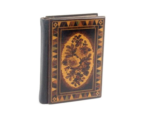 A small Tunbridge ware photograph album, the cover with a fine oval mosaic panel of a bouquet of flowers within a Van Dyke st