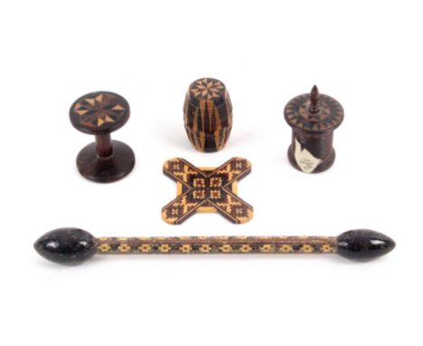 Five Tunbridge ware sewing accessories, comprising a glove darner with geometric mosaic shaft, 15cms, a stick ware barrel for