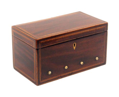 A mahogany sewing and reel box, circa 1820, of rectangular form, the lid and sides with line inlaid borders, the front with i