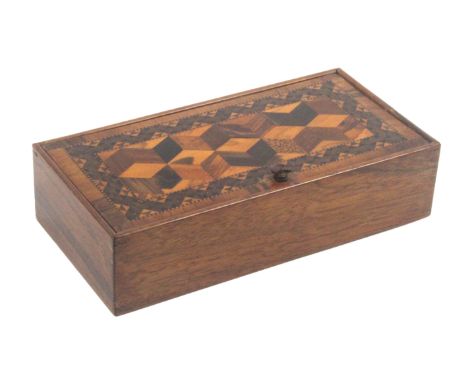 A Tunbridge ware rosewood box, of rectangular form, the pin hinge lid with a panel of cube work within stick ware border, tur