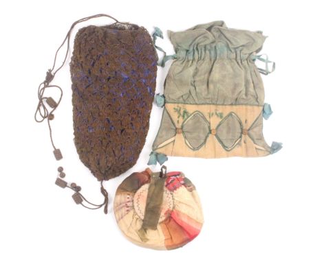 Three 19th Century draw string bags, comprising a circular example in segments of variant silks, one panel shredded, 15.5cms,