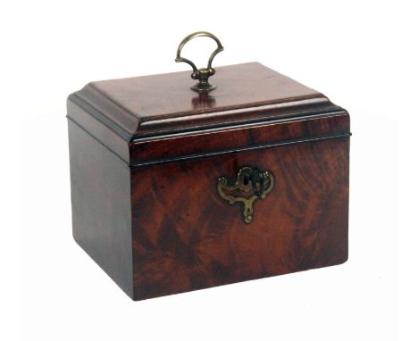 An early George III Chippendale period mahogany tea caddy, pierced brass escutcheon, complete with key, 16 x 13 x 12.5cms. Fr