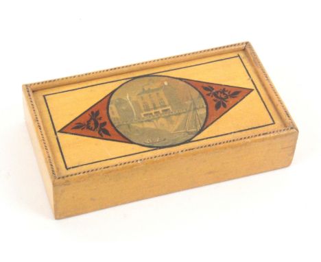 A rare early Tunbridge ware white wood, print and paint decorated box, of shallow rectangular form, the sliding lid with an u