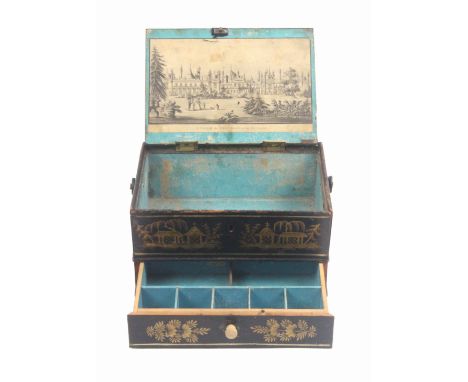 An early Tunbridge ware print and paint decorated white wood sewing pannier decorated in the chinoiserie style, the lid with 