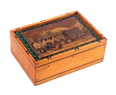An early Tunbridge ware white wood print and paint decorated box, of rectangular form, the sides with line painted decoration