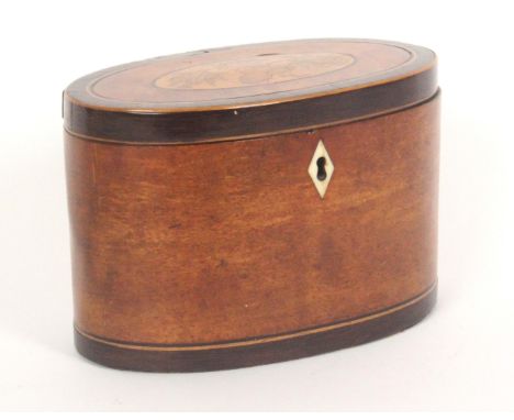 A George III satinwood and inlaid oval tea caddy, bone diamond escutcheon, the lid with floral patera within crossbanded bord