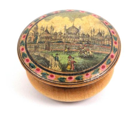 An early Tunbridge ware white wood print and paint decorated circular box, of bulbous form, the pull off domed top with an un