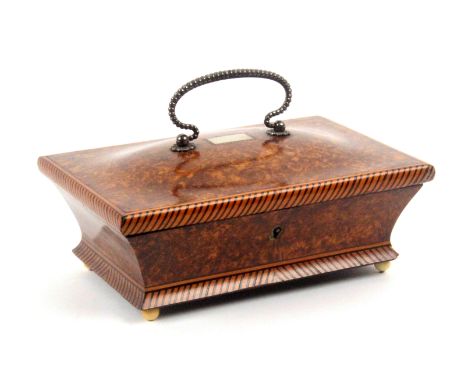 A fine Palais Royal burr wood small format sewing box with gold and enamel accessories, circa 1810, of rectangular form raise