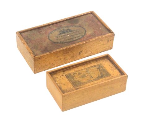 Two early Tunbridge ware white wood boxes advertising pens, both of rectangular form, both with sliding lids, the larger with