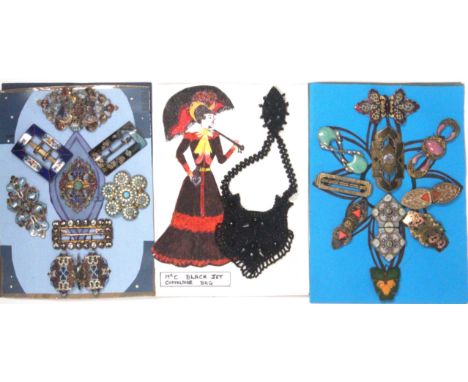 Buckles - two displays, and a black jet chatelaine bag, the first buckle display with ten examples, one part only, and includ