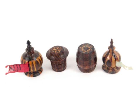 Four Tunbridge ware sewing accessories, comprising a rare stick ware tape measure in the form of a Brighton Pavilion dome, re