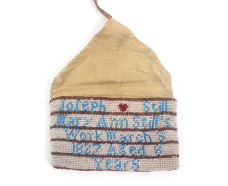 A documentary small beadwork purse, 1827, of rectangular form with envelope cover, one side in coloured glass beads with two 