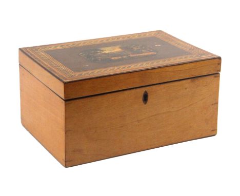 An early Tunbridge ware print and pen decorated rectangular box, plain sides the front with oval inset escutcheon, the lid ce