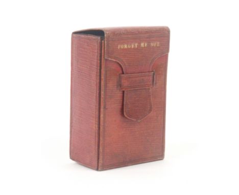A red leather sewing box for a child, probably relating to the Tunbridge trade, of rectangular form with wallet form enclosur