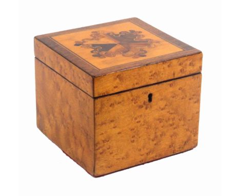 A rare Robert Russell 'Tunbridge Wells Marquetrie' tea caddy, of cube form, the sides veneered in burr maple, the hinged lid 