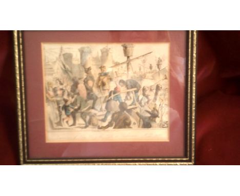 Print-Embarkation of Henry the fifth at Southampton AD1415, Wood etch print coloured 6 x 4