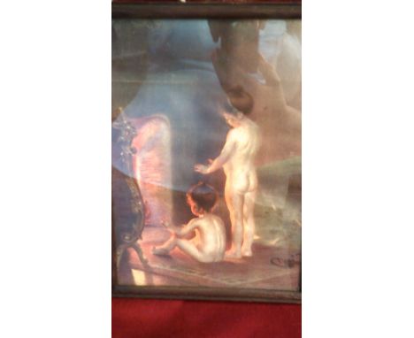Print-10 x 7 1913 print of two children naked warming there selves by the fire framed