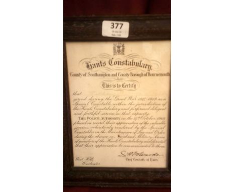 Word War I - Special Constabulary Service Documents Scrolls with superb portrait photo Thomas H.Hadaway.