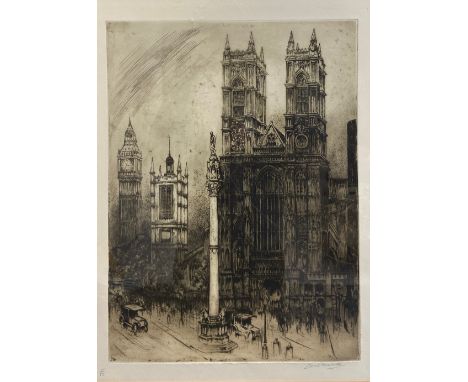 Louis Weirter (1873-1932), a signed and limited edition etching of Westminster Abbey. Framed and glazed. H.84 W.58cm