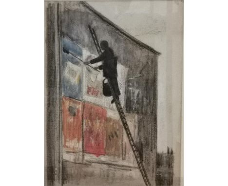 Clifford Hall (1904-1973), a signed charcoal and watercolour study of a man up a ladder pasting adverts to a wall. Framed and