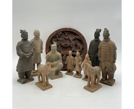 A 19th Chinese carved hardwood plaque depicting two figures on a bridge in relief with a fretwork surround, along with a coll