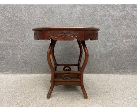 An early 20th century style Chinese hardwood side/occasional table with an inset white marble top over a carved frieze with b