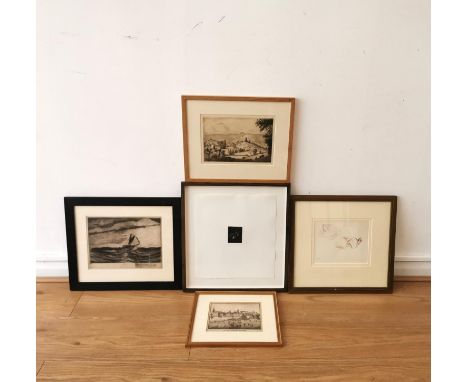 A collection of five artworks to include a signed pencil, ink and wash study of cats, a signed and limited edition etching of