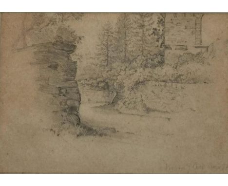 Sir George Clausen RA (1852-1944), a 19th century signed and dated pencil drawing study of a ruin titled 'Betws-y-Coed' 1873.