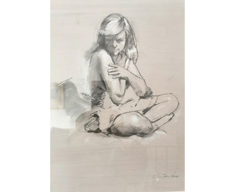 Nicholas St John Rosse (b.1945), a 1970's signed pencil and chalk drawing titled 'Nude Seated Cross-Legged with Towel'. Frame