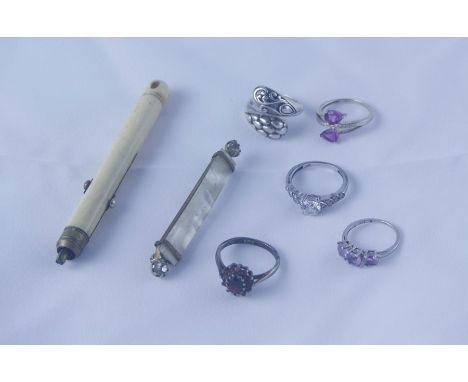 Five Silver Dress Rings, also with an ivory pencil holder and a dress brooch, (7)
