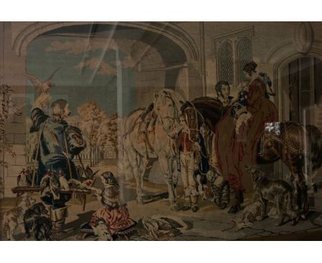 Large Antique Tapestry, Depicting a Continental scene with Figures, 81.5cm x 117cm, gilt framed 