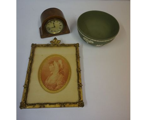 Green Jasperware Bowl, 21cm diameter, also with a small mantel clock, and a portrait print in gilt frame, (3)