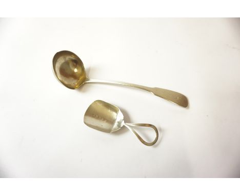 Silver Sauce Ladle, Hallmarks for Edinburgh, makers marks W.C, engraved to handle, 16cm long, also with a silver caddy spoon,