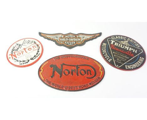 Four Cast Iron Motorbike Themed Wall Signs, to include signs for Harley Davidson and Norton, Largest 32cm diameter, (4)