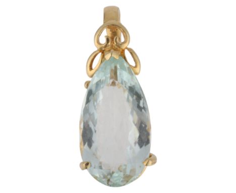A 14ct gold aquamarine pendant, set with 9ct pear-cut aquamarine, 28.6mm, 4.1g . Condition Report:No damage or repair, aquama