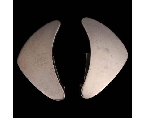 NIELS ERIK FROM - a pair of Danish modernist sterling silver boomerang clip-on earrings, plain convex form, 31.6mm, 8.5g . Co