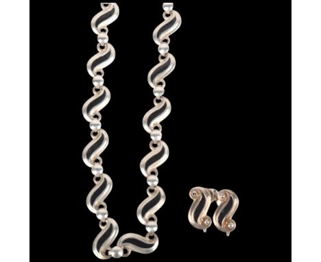 KNUD PEDERSEN - a Danish modernist sterling silver black enamel scroll necklace and earring set, necklace 45cm, earrings with